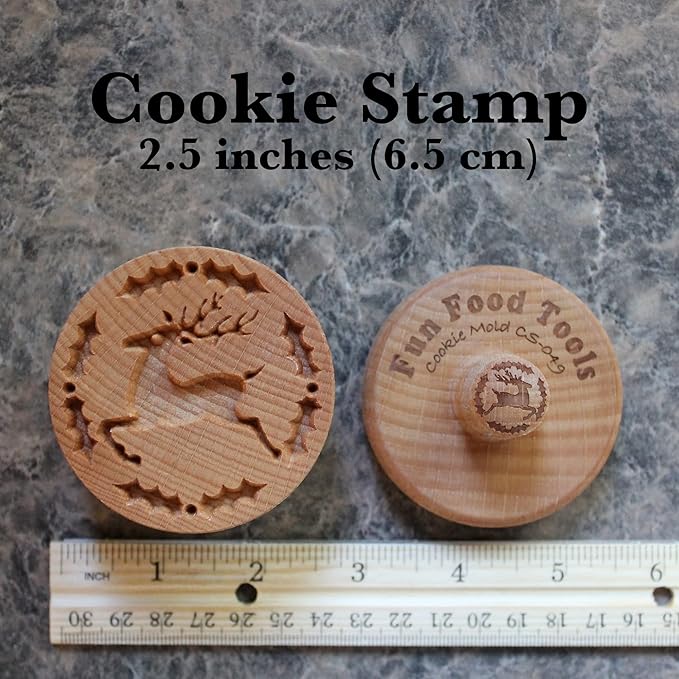 Wood Cookie Stamp, 2.5 Inch (Reindeer and Holly CS-049)