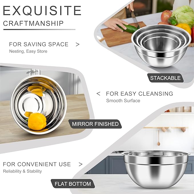 HaWare Mixing Bowls with Airtight Clear Lids, 6-Piece Stainless Steel Strong Nesting Bowls Set, Metal Salad Bowl for Cooking, Prepping, Baking, Serving & Food Storage, Size 4.6, 3, 1.5QT, Teal Blue