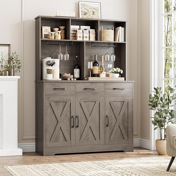 HOSTACK Buffet Cabinet with Hutch, Modern Farmhouse Kitchen Buffet Sideboard Storage with 3 Drawers, Barn Door Coffee Bar Station, Liquor Cabinet for Dining Room, Living Room, Ash Grey