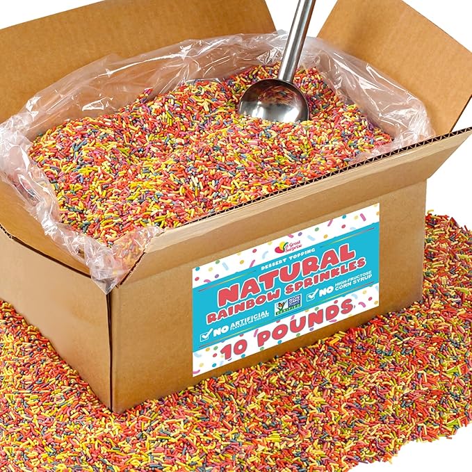 Bulk Natural Rainbow Sprinkles - 10 LB Wholesale - Kosher - Non-GMO, Dye-Free Jimmies - Bakery-Grade Sprinkles for Cakes, Ice Cream, Cookies, Catering & Large Events