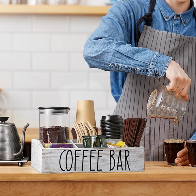 ALELION White Coffee Station Organizer for Countertop - 7 Compartments Rustic Coffee Bar Accessories and Organizer with Removable Dividers