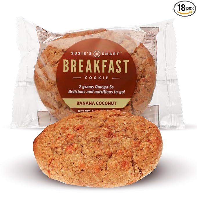 Susie's Smart Breakfast Cookie Healthy Omega-3s and Protein rich Soft Chewy Home-baked Cookie, Coconut/Banana, 3.57 Ounce (Pack of 18), 64.26 Ounce