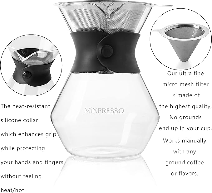 Mixpresso Pour Over Coffee Maker Set Glass Carafe Borosilicate White Protective Silicone Sleeve, Pour Over Coffee Dripper Brewer With Double-layer Stainless Steel Filter 13.5 Oz