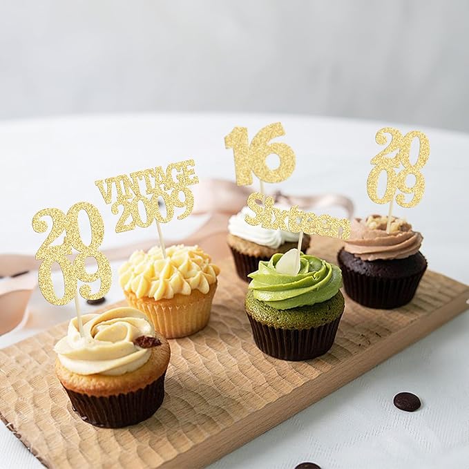 Gyufise 24Pcs Sweet 16 Cupcake Toppers Glitter Sixteen Vintage 2009 16th Birthday Cupcake Picks Hello 16 Years Birthday Cake Decorations for Happy 16th Anniversary Party Supplies Gold