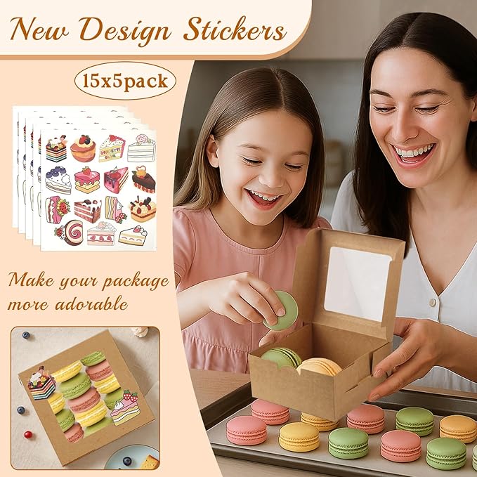 OAMCEG 50 Pack Cookie Boxes with Window, 6x6x3 Inches Brown Bakery Treat Boxes with Stickers & Twine for Pastry, Desserts, Strawberries, Cupcakes, Gift Giving