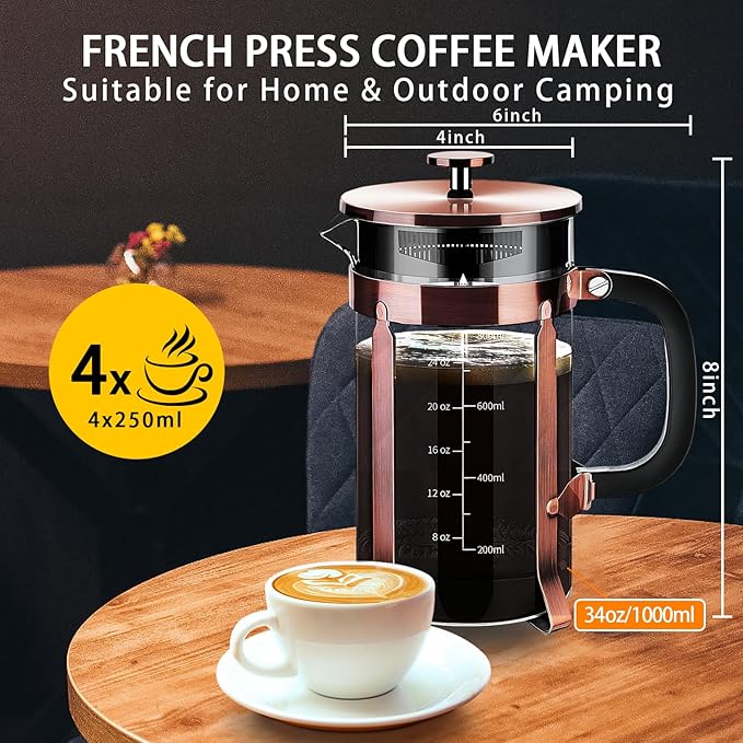 French Press Coffee Maker 304 Stainless Steel Coffee Press,with 4 Filters System, Heat Resistant Thickness Borosilicate French Press Glass, BPA-Free Brewed Tea Pot Coffee Plunger(Copper 12oz)