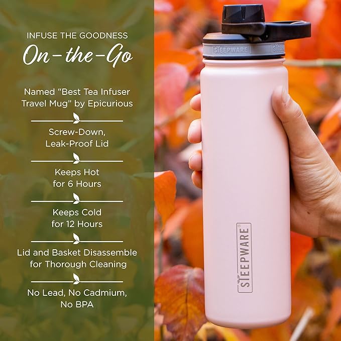 The Tea Spot Steepware Tea Tumbler and Thermos, 22oz, Tea Bottle with tea infuser for loose leaf tea or iced coffee, Sleek Double Wall Tumbler & Insulated Travel Bottle - Olive