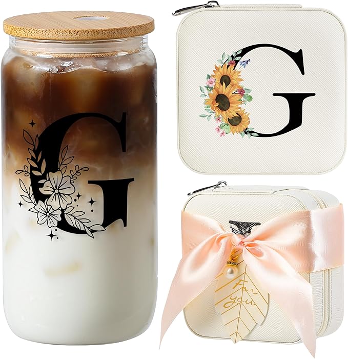 AYGXU Travel essential jewelry box,16oz Glass Cups with Bamboo Lids and Straws set,Personalized Jewelry Boxes for Women Girls,Travel Gifts for Women,Birthday Gifts for Girls,Initial G white