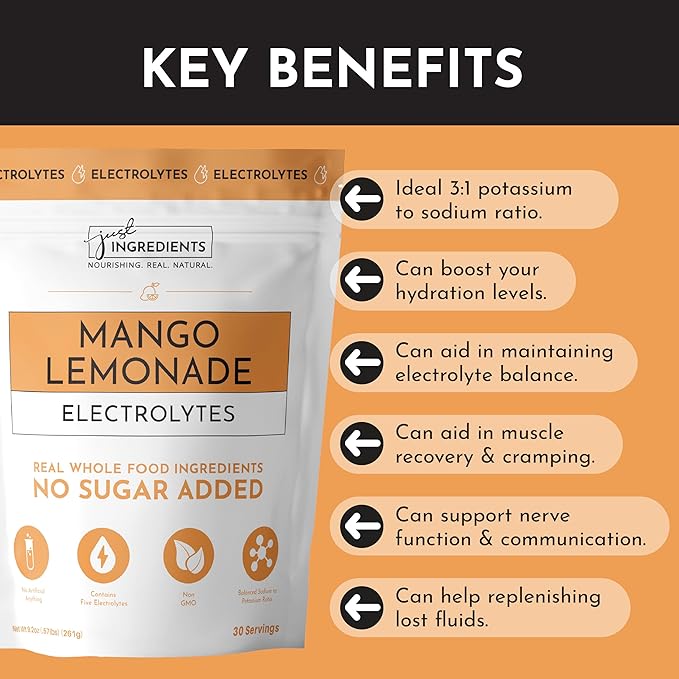 JUST INGREDIENTS Mango Lemonade Electrolyte Drink Mix - Coconut Water, Sea Salt, Trace Minerals - 30 Servings