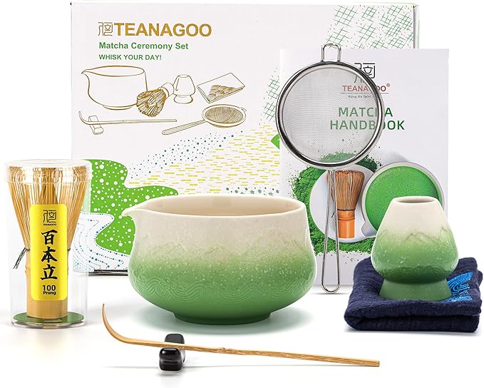 TEANAGOO 7 Pcs Matcha Whisk Set,Green Matcha Set, Ceremony Matcha Powder Kit,Matcha Tea Set for Making Latte,Matcha Whisk Set and Bowl with Scoop&Sifter,Fuji Design Ceramic Bowl,Gift for Matcha Lovers