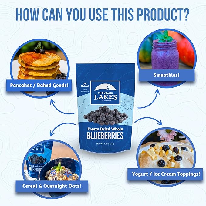Thousand Lakes Freeze Dried Fruit - Blueberries 2-pack 1.2 ounces (2.4 ounces total) | No Sugar Added | 100% Whole Blueberries