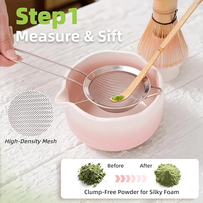 Pink Matcha Whisk Set, 6 Pcs Matcha Kit Includes Pink Matcha Bowl with Spout, Macha Whisk & Holder, Tea Scoop, Stainless Sifter, Cat Scoop Rest, Unique Macha Gifts for Women, Friend, Birthday