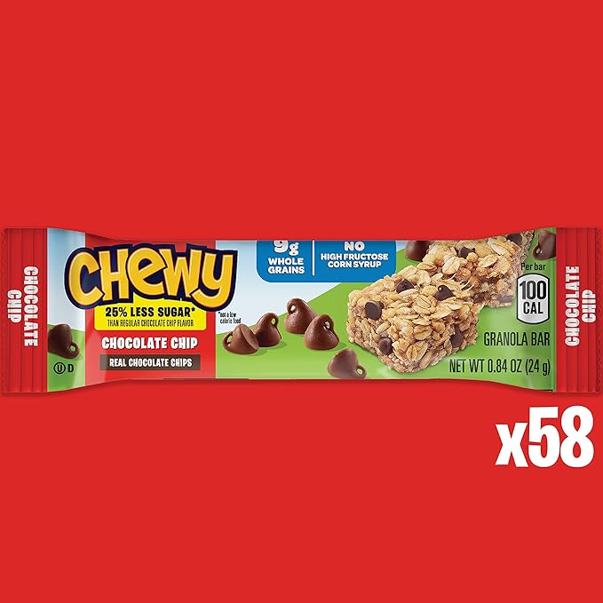 Quaker Chewy Lower Sugar Granola Bars, Chocolate Chip, 58 Count