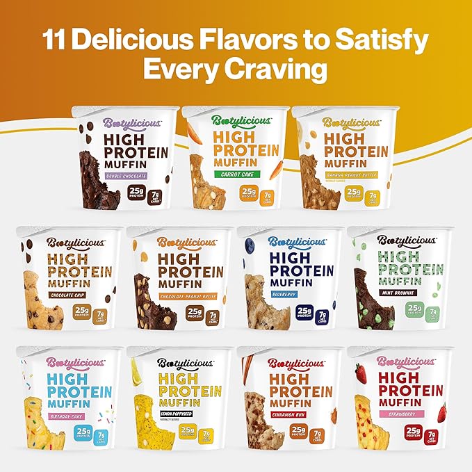 Bootylicious | High-Protein Muffin | 25g Protein, 7g Net Carbs, 2.32-2.75oz Cup, 12-Pack (Banana Peanut Butter)