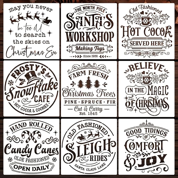 Christmas Stencils for Painting 12" Large Farmhouse Christmas Stencils for Crafts Reusable Santa Hot Coca Candy Cane Holiday Drawing Templates for Wood Fabrics Porch Hanger Winter Decor(XMS Rustic 9p)