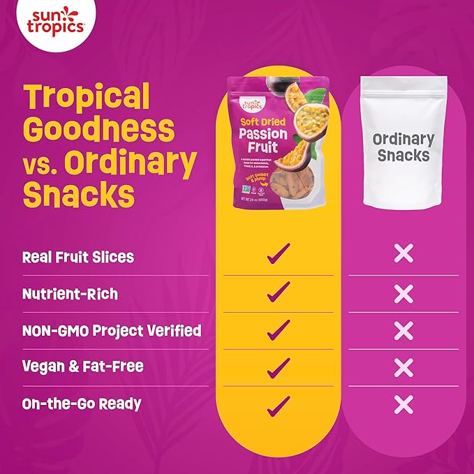 Soft Dried Passion Fruit Snack – Sweet Tangy Tropical Fruit Slices, High in Fiber & Vitamin C, Fat-Free Vegan Snack for Smoothies, Yogurt, On-the-Go Travel Treats – Resealable Pack