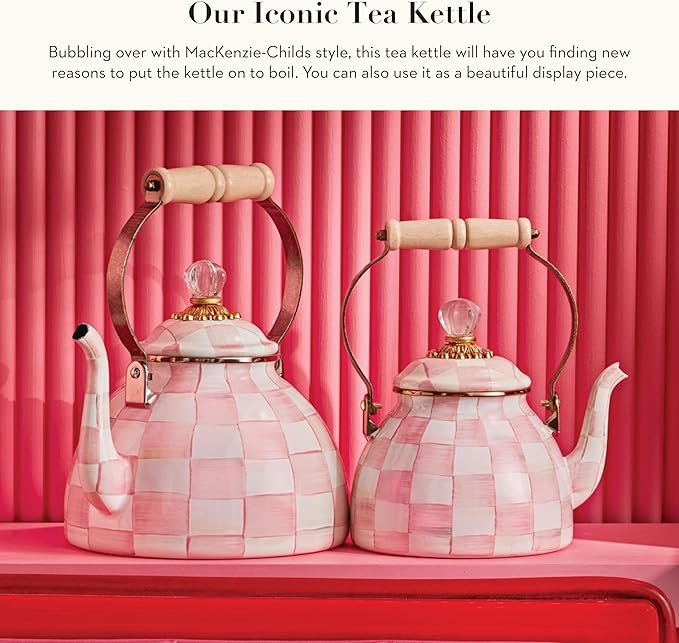 MACKENZIE-CHILDS Enamel Tea Kettle, Stylish Tea Kettle for Stovetop, Pink-and-White Rosy Check, 3 Quarts
