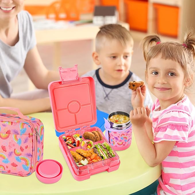 Bento Lunch Box Set With 10oz Soup Thermo, Leak-proof Lunch Containers with 4 Compartment, Kids Hot Thermo Food Jar/Insulation Lunch Bag, Food Containers for School（Rainbow）