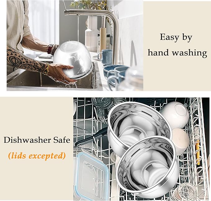 TeamFar Mixing Bowls, Stainless Steel Nesting Salad Bowls with Lids Set & 3 Grater Attachments, For Mixing/Serving/Storing, Non-toxic & Long-lasting, Size 4.6/3 / 1.5 QT, Colorful