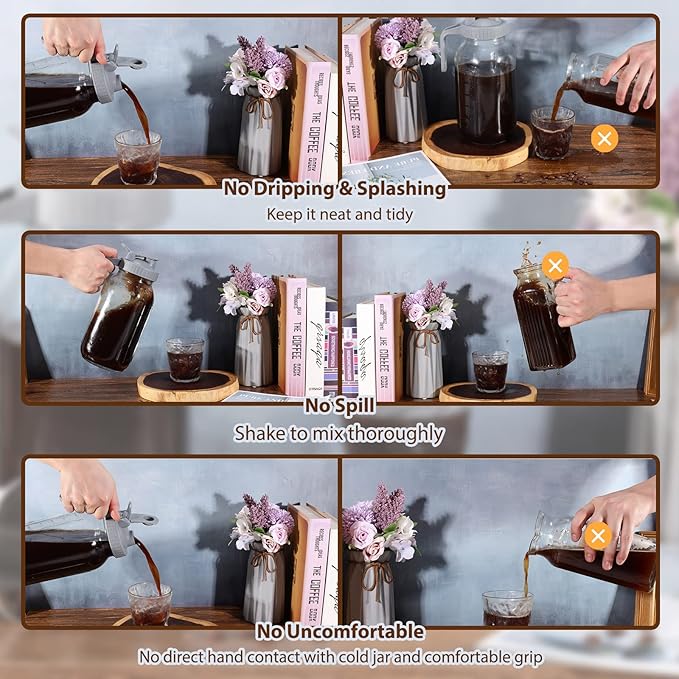 Cold Brew Coffee Maker Glass Pitcher, 32 oz Mason Jar with Pour Spout Handle Lid with Stainless Steel Filter for Iced Coffee, Lemonade, Ice Tea, Fruit Drinks
