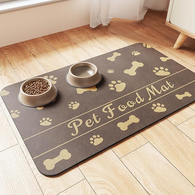 Pet Feeding Mat-Absorbent Pet Placemat for Food and Water Bowl, with Waterproof Rubber Backing, Quick Dry Water Dispenser Mat for Dog and Cat (17"x27", Brown)