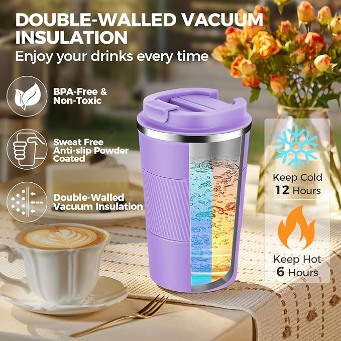 Volhoply 13 oz Stainless Steel Insulated Travel Coffee Mug with Fip Lid,Reusable Double Wall Vacuum Metal Coffee Cup,Portable to Go Leak Proof Cafe Thermal Tumbler for Hot & Cold Drinks(Purple,1)