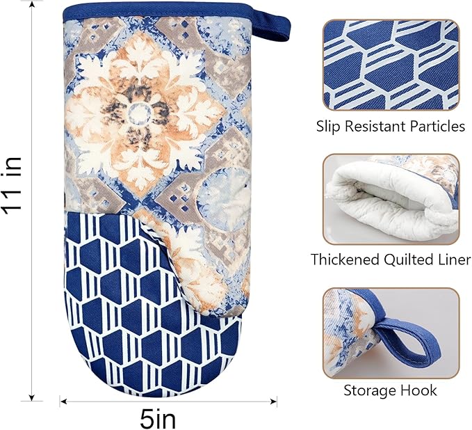 Thumb Oven Mitts, Heat and Slip Resistant Silicone Kitchen Mittens 2-Pack Set, Vintage Carpet Flower Soft Long Oven Gloves, Flexible Potholders for Safe Baking Cooking & Grilling (Dusty Blue)