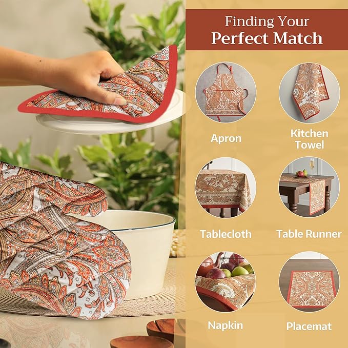 Maison d' Hermine Pot Holders 100% Cotton Heat Resistant Potholders 8" x 8" Hot Pads with Loop BBQ, Cooking, Baking, Grilling, Kitchen, Handling Hot Pans (Pack of 1, Kashmir Paisley)