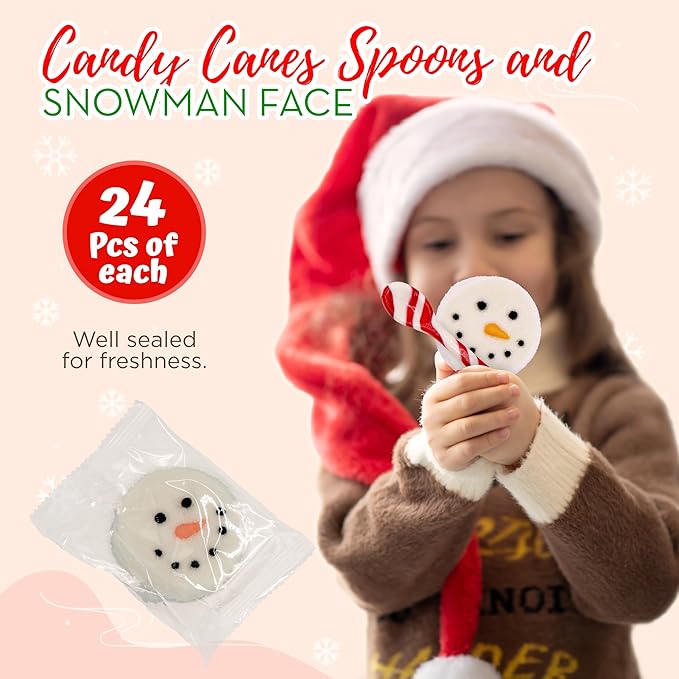 4E's Novelty Snowman Marshmmallow Toppers and Peppermint Spoons (24pc of Each) Candy Canes Spoons and Sugar Coated Snowman Face Marshmallows for Christmas Hot Chocolate Bar Supplies, Hot Cocoa Toppers Decorations