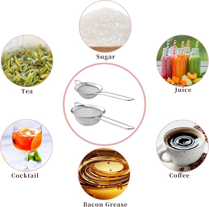 2 Pack Fine Mesh Strainers, Mini Stainless Steel Strainer with Handle for Kitchen, Metal Sieve Sifters for Straining Tea, Matcha, Cocktail, Juice and Coffee (8.6in 7.5in)