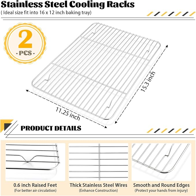 P&P CHEF Cooling Baking Rack Pack of 2, Stainless Steel Cooling Racks for Cooking Baking Roasting Grilling Drying, Dense Wires & Smooth Edge, Easy to clean, Silver, 15.3" x 11.25"