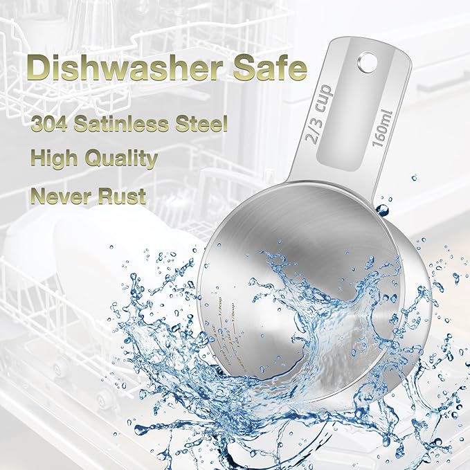 1PCS 2/3Cup (160ml, 5.3oz) Single Measuring Cup, Etched Inner Scale Stainless Steel Measure Scoop, Metric and US Measurement, Dishwasher Safe
