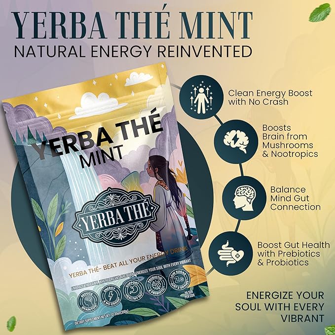 Ancient Diosa - Yerba Mate Tea Powder 350g, 35-Servings - Mint Flavor Clean Energy Drink Superfood - Support Gut Health with Probiotics and Prebiotics, Reduce Brain Fog, Relaxation and Focus Blend