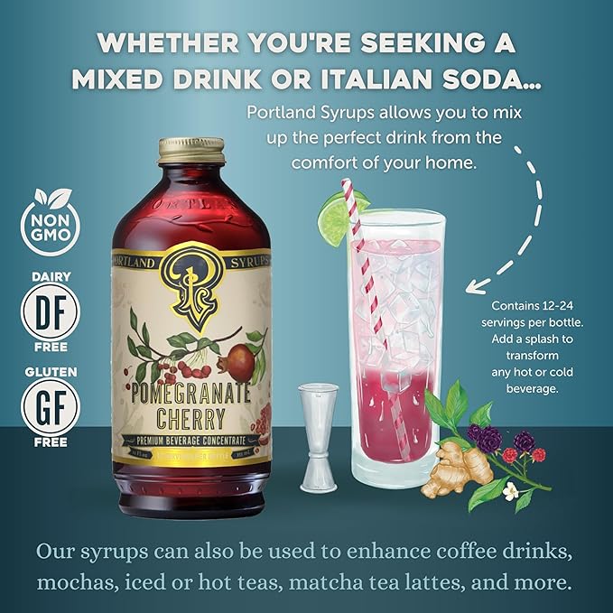 Portland Syrups Pomegranate Cherry Syrup – Craft Delicious Cocktails, Coffees, Mocktails, Sodas, and More – Ideal for Drinks & Adding a Flavor to Any Beverage – 12 oz with 24 Servings (Pack of 1)
