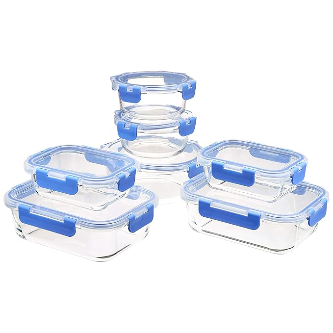 Amazon Basics Glass Food Storage Containers with Locking Lids, Set of 7, 14 pieces including lids, BPA-Free, clear with blue silicone ring