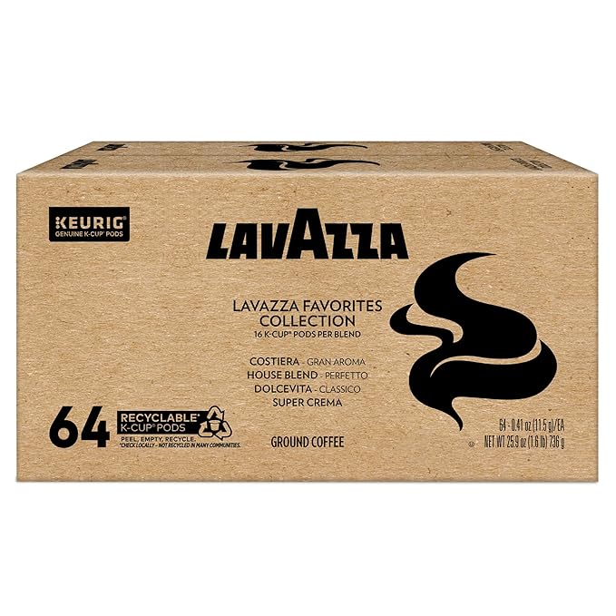 Lavazza Favorites Collection Variety Pack, Single Serve Keurig® K-Cup® Pods, Light and Medium Roast Coffees, 64-Count Box
