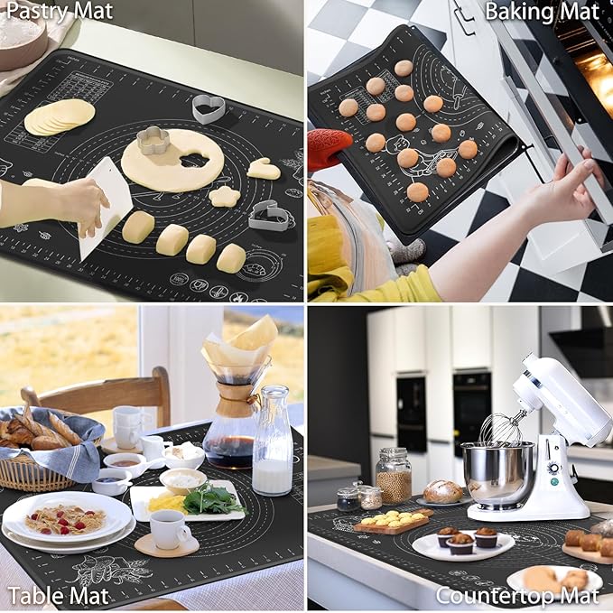 Silicone Baking Mat 28" x 20" Extra Thickness Dough Rolling Mat with Measurements and Edge Heightening, Non-stick Food Grade Silicone Pastry Mat for Pastry, Bread, Cookies, Pizza, Fondant, Pasta-Black