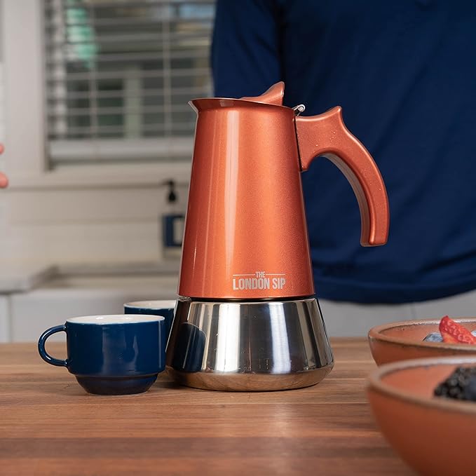 London Sip Stainless Steel Stovetop Espresso Maker Moka Pot Italian Coffee Percolator, Copper, Large (16.9 oz)