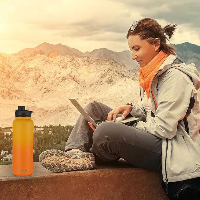 HASLE OUTFITTERS 40oz Stainless Steel Water Bottle, Vacuum Insulated Double Walled Leak Proof Sports Water Bottle with 2 Lids (Straw and Spout Lid) Keep Cold and Hot(Yellow Orange Gradient,1)