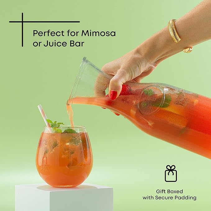JoyJolt Glass Carafe with Lid, Set of 3 – 1 Liter Glass Pitcher for Mimosa Bar, Water, Iced Tea, Juice, Wine, Lemonade, Milk – Dishwasher Safe Beverage Drink Dispensers for Brunch, Parties