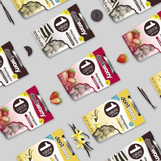Don't Worry Low Calorie Meringue Cookies - 4 Pack - Cookies & Cream, Just 1 Calorie per Piece | Low Sugar Candy, Gluten Free, Protein Snacks | Keto Friendly and Healthy Snacks for Adults