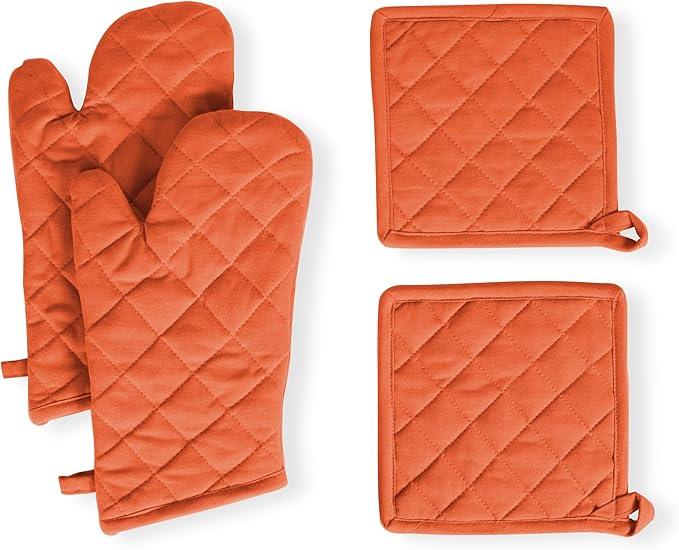 Native Fab 4 Piece Set - 2 Oven Mitts & 2 Potholders, Heat Resistant, 100% Cotton, Quilted Design, Non-Slip Grip, Machine Washable, Ideal for Baking, Cooking, BBQ, Kitchen Protection - Orange