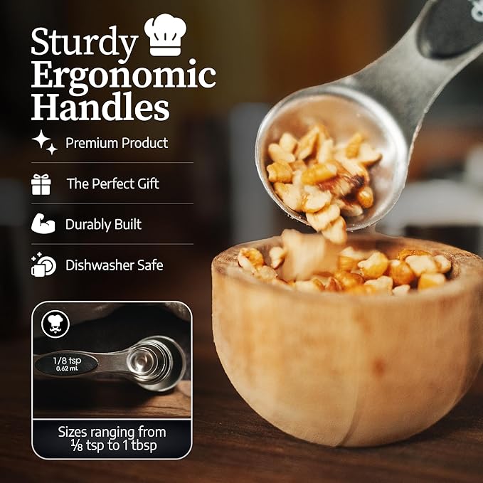 GRUMPY CHEF Stainless Steel Measuring Cups and Spoons Set with Magnetic Leveler – 13-Piece Nesting Set, Dual-Sided Magnetic Spoons, Flat Bottom Design for Stability – Rust-Resistant, Dishwasher Safe