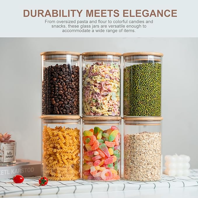 50oz Glass Food Storage Jars Set of 6,Glass Storage Containers Clear Glass Food Canister with Bamboo Lid Airtight For Serving Tea, Coffee, Flour, Sugar, Candy, Cookie, Spice and More (Round)