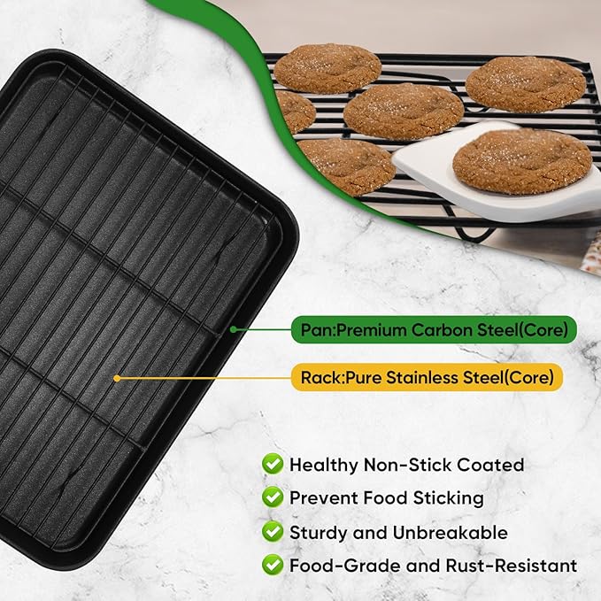 P&P CHEF Baking Oven Sheet Pan with Rack for Cookie, Nonstick Oven Tray and Cooling Rack for Baking & Roasting, Easy Clean, Black, 10.4 x 8 Inch