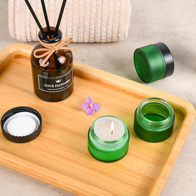 Glass Jars with Lids,Eco-Friendly Cosmetic Containers with Airtight Black Lids & Liners, Multi-Color Options for Cream, Lotion, Body Butter, DIY Skincare Travel Jars (Green Frosted, 1oz)
