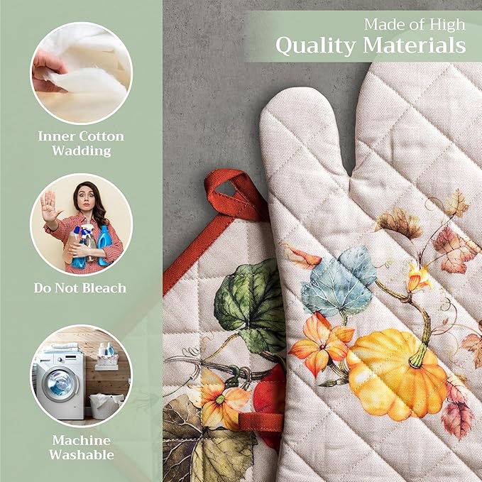 Maison d' Hermine 100% Cotton Oven Mitt & Pot Holder Set (7.5"x13" & 8"x8") Heat Resistant BBQ Cooking Gloves with Loop, Baking, Grilling, Kitchen, Handling Hot Pans (Potiron)