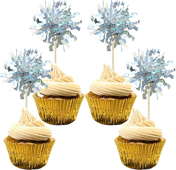Gyufise 30Pcs Foil Firework Cupcake Toppers Sparkle Tinsel Cake Toppers Tinsel Drink Cake Decoration Cocktail Picks for Birthday Wedding Graduation Party Supplies Silver