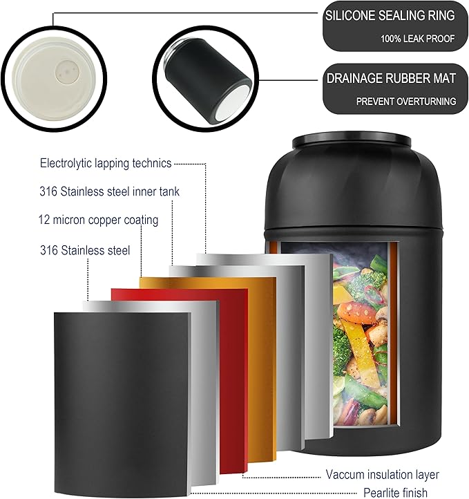 Thermo for Hot Food & Drinks, Thermo Lunch Box, 17oz Vacuum Insulated Food Container with Spoon&Drawstring Bag, Soup Thermo for Adults, Black