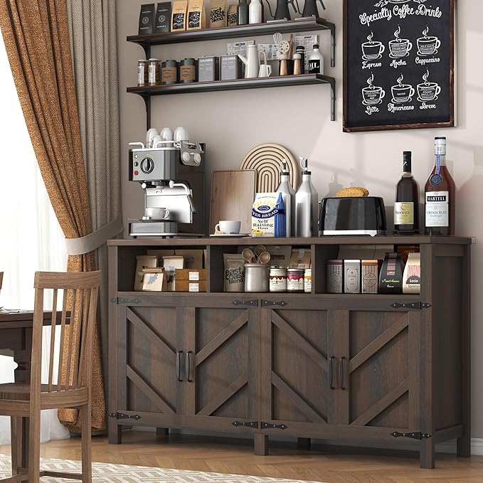 Buffet Sideboard with Storage Farmhouse with 4 Doors, 55'' Large Kitchen Storage Cabinet Wood Coffee Bar Cabinet Buffet Table with Shelves for Kitchen, Dining Room, Entryway (Brown, 55in)